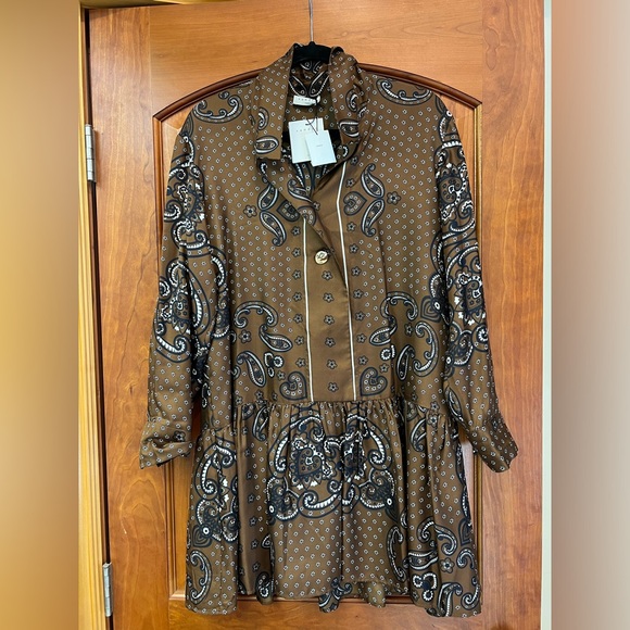 Sandro Aurelie Brown Paisley 100% Silk Dress - Picture 2 of 7